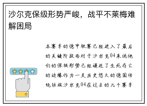 沙尔克保级形势严峻，战平不莱梅难解困局