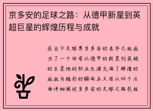 京多安的足球之路：从德甲新星到英超巨星的辉煌历程与成就